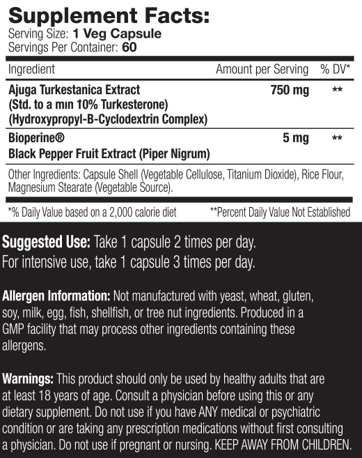 Supplement facts for 60 veg capsules containing Ajuga Turkestanica Extract and Bioperine. Other ingredients include vegetable cellulose and rice flour. Intake: 1-3 capsules per day.