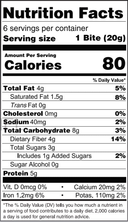 Nutrition facts for a food item with 6 servings per container; details include calorie, fat, carb, protein, and vitamin content.