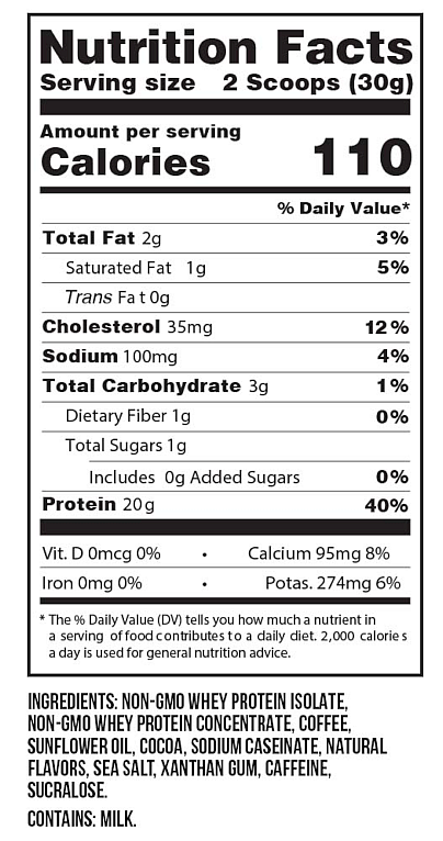 Nutrition facts for 2 scoops serving: 110 calories, 2g fat, 3g carbs, 20g protein. Includes ingredients like non-GMO whey protein and coffee.