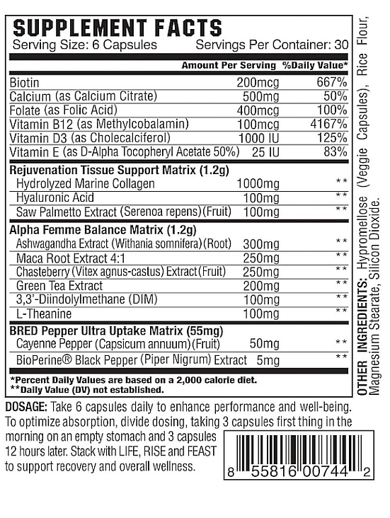 Nutrition label for a supplement with vitamins, minerals, ashwagandha, maca root, marine collagen, hyaluronic acid, etc., taken 6 capsules daily.