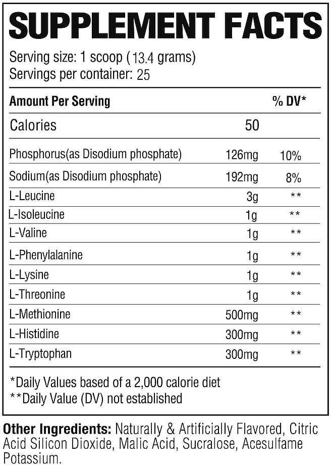 Nutritional facts for a supplement indicating serving size, ingredients, and daily value percentages. Contains variety of amino acids.