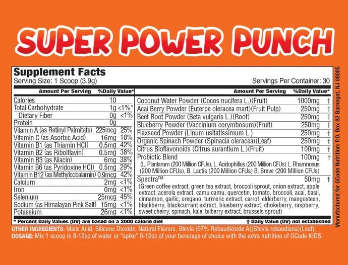 Super Power Punch supplement facts featuring Coconut Water Powder, Acai Berry Powder, and a variety of vitamins, probiotics and others mixed with water or any drink.