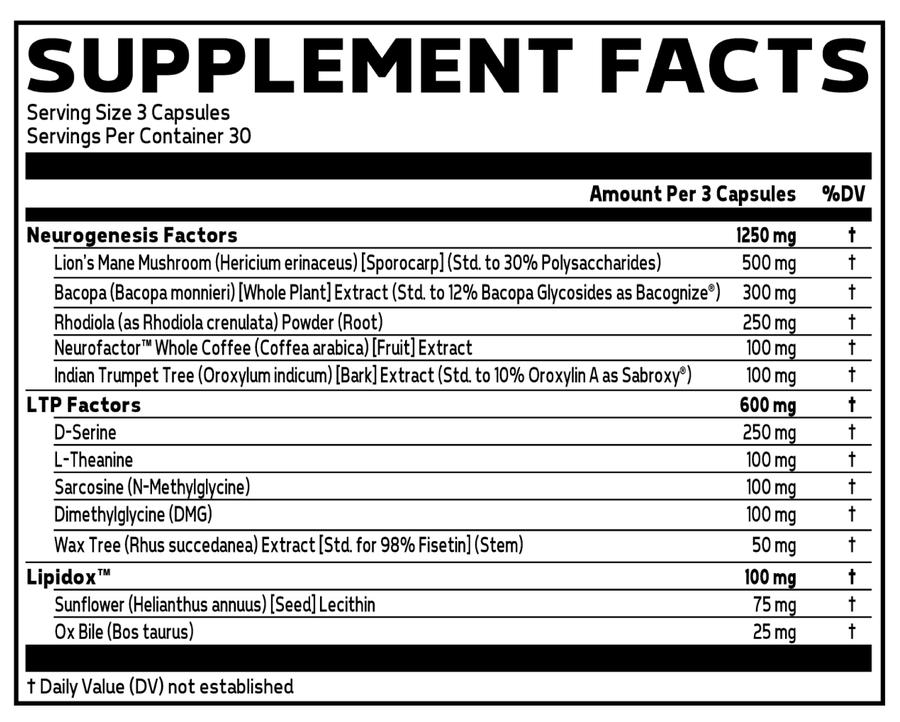 Supplement facts for a 30 serving container with a 3 capsule serving size. Contains a blend of neurogenesis and LTP factors such as Lion's Mane Mushroom and D-serine.