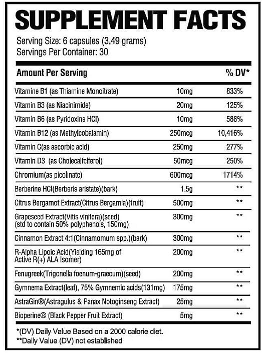 Description of the supplement facts for a dietary product, detailing serving size, ingredients, and daily value percentages based on a 2000 calorie diet.