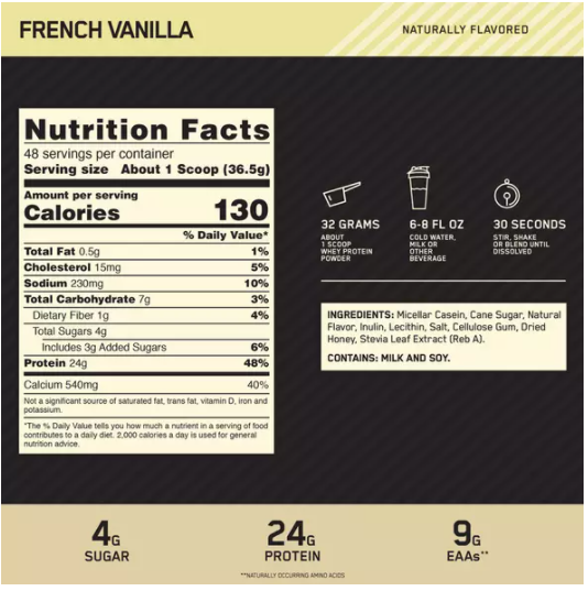Nutrition facts for French Vanilla Whey Protein Powder. One scoop serving contains 24g protein, 7g carbs, and 0.5g fat. Mix with water, milk, or any beverage.