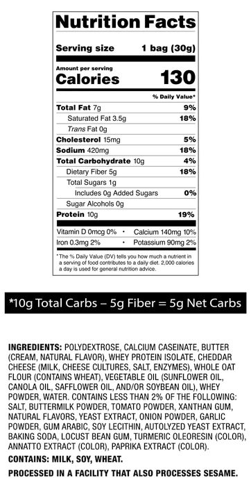 Nutrition facts and ingredient list for a packaged food item. Details include calories, fats, carbohydrates, protein, vitamins, and specific ingredients.