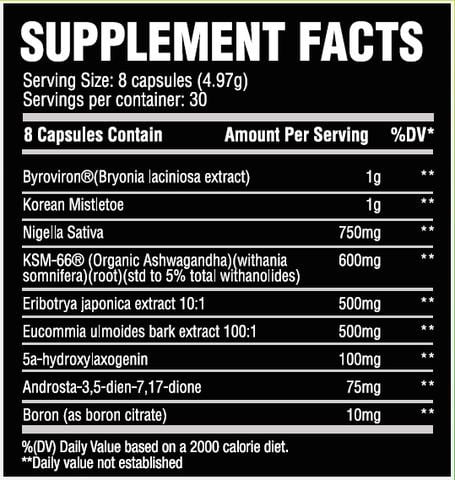 Supplement facts label for a product with ingredients like Byroviron, Korean Mistletoe, Nigella Sativa, among others. Serving size is 8 capsules.