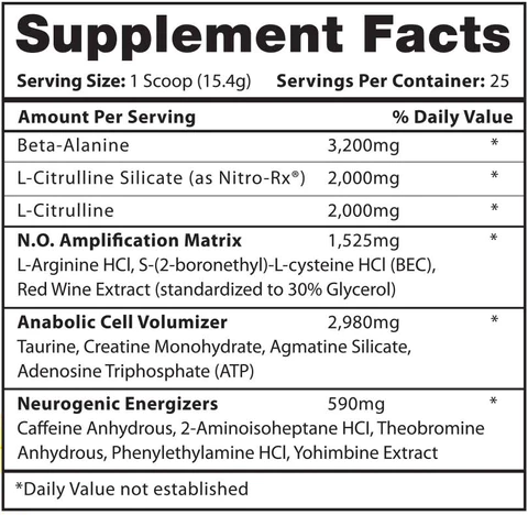 Nutritional facts for a scoop of supplement containing various nutrients including Beta-Alanine, L-Citrulline, and Caffeine among others.