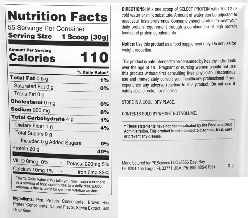 Nutrition label for a protein powder with 20g protein per scoop, 30g serving size, and over 50 servings per container. Pea and brown rice protein concentrate ingredients.