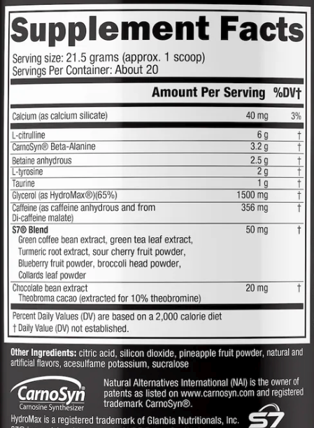 Nutrition label for a supplement with various ingredients including Calcium, L-citrulline, Beta-Alanine, Betaine anhydrous, L-tyrosine and Taurine; intended for about 20 servings.