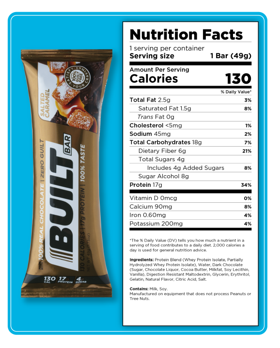 Salted Caramel Bar with 130 calories, 17g protein, 2.5g fat, 18g carbs, and 4g sugar. Contains Milk, Soy but is peanut and tree nut free.