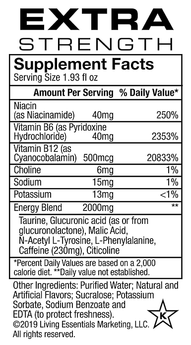 Extra strength supplement facts chart. Lists various nutrients and vitamins, some of their amounts and daily values. Includes energy blend and other ingredients.