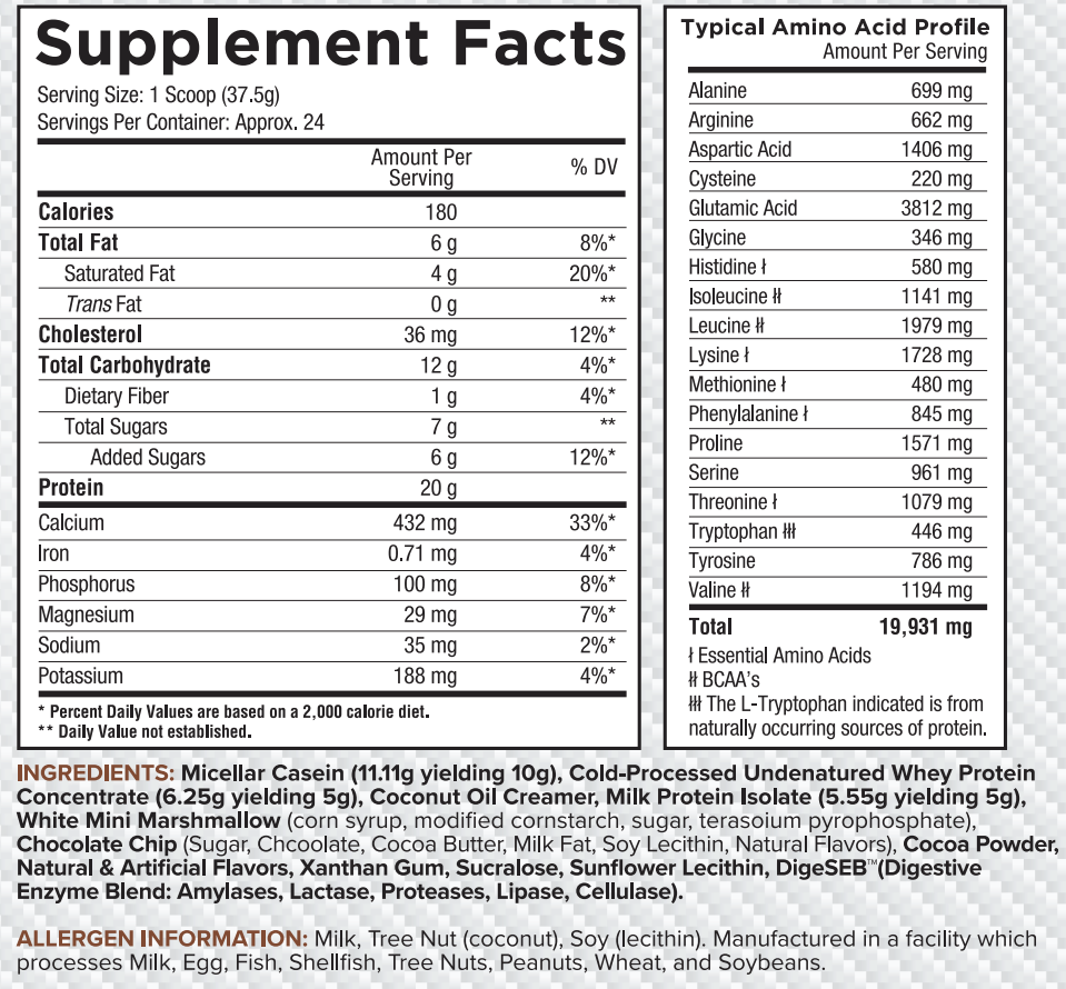 Supplement facts showing serving size, nutritional values, amino acid profile and key ingredients. Contains allergens such as milk and soy.