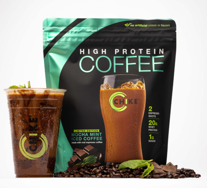 Limited edition Chike Mocha Mint Iced Coffee with 20g whey protein, 2 espresso shots, and 1g sugar. No artificial colors/flavors.