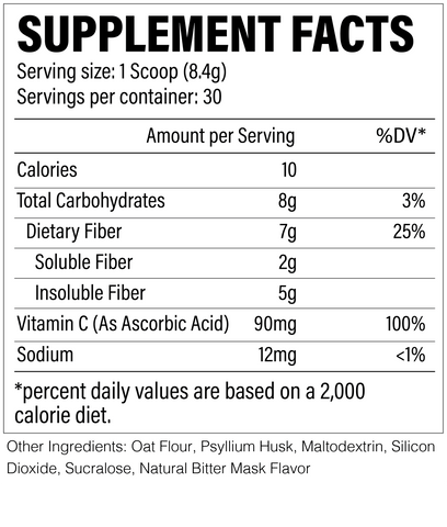 Supplement facts for a 30 serving container, with serving size of 1 scoop (8.4g) including ingredients like oat flour and psyllium husk.