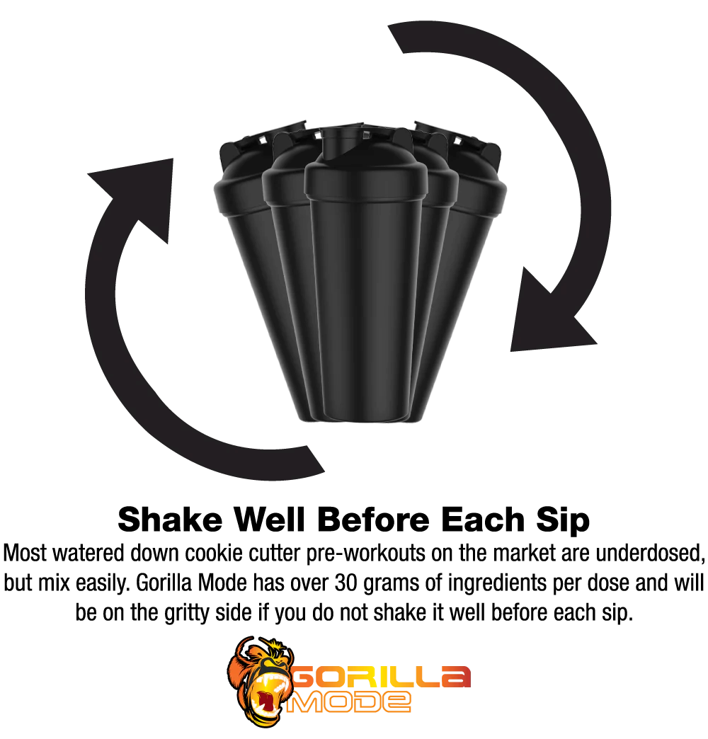 Gorilla Mode pre-workout supplement in a shaker, stressing importance of shaking before each sip due to its high dose of ingredients.