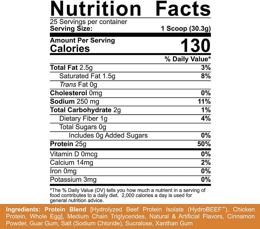Nutrition facts for 25 servings: 130 calories, 2.5g fat, 1.5g saturated fat, 250mg sodium, 2g carbs, 25g protein. Ingredients include protein blend, flavors, and additives.