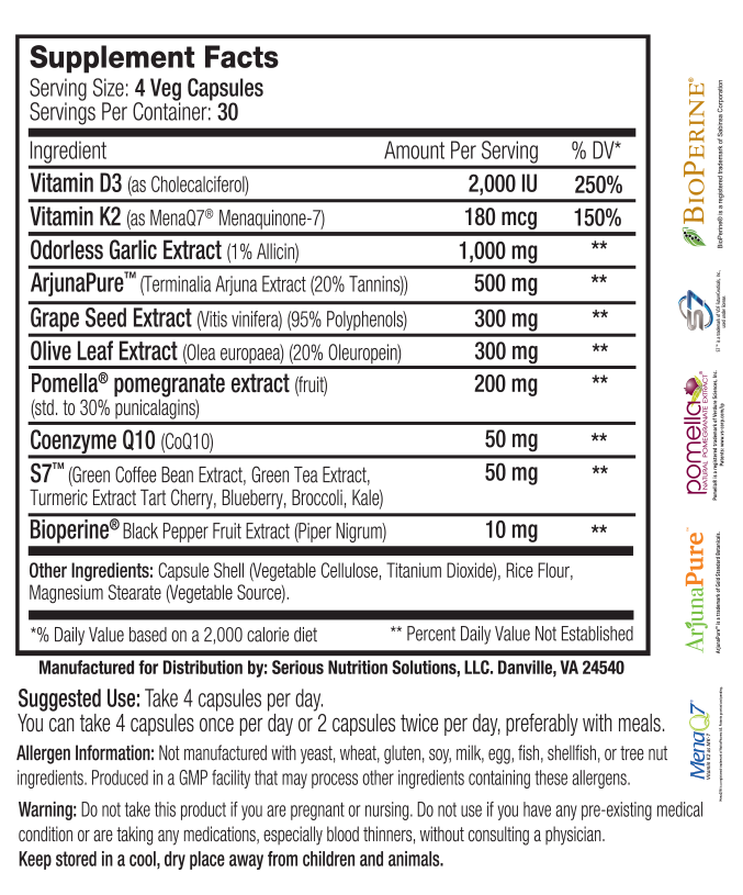 Nutrition label of a supplement listing ingredients such as 2000 IU of Vitamin D3, 1000 mg of Garlic Extract, pomegranate extract, Coenzyme Q10, and others.