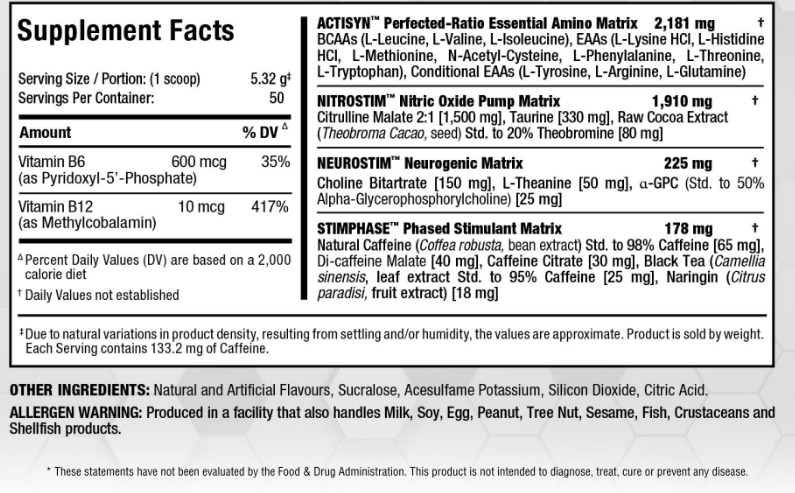 Supplement facts detailing serving size, vitamins, amino acids and other ingredients. Contains allergen warning and FDA disclaimer.