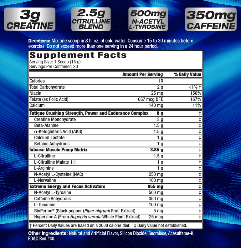 Supplement facts for a pre-workout powder with creatine, citrulline, caffeine and others. Requires mixing with water; one serving before exercise.