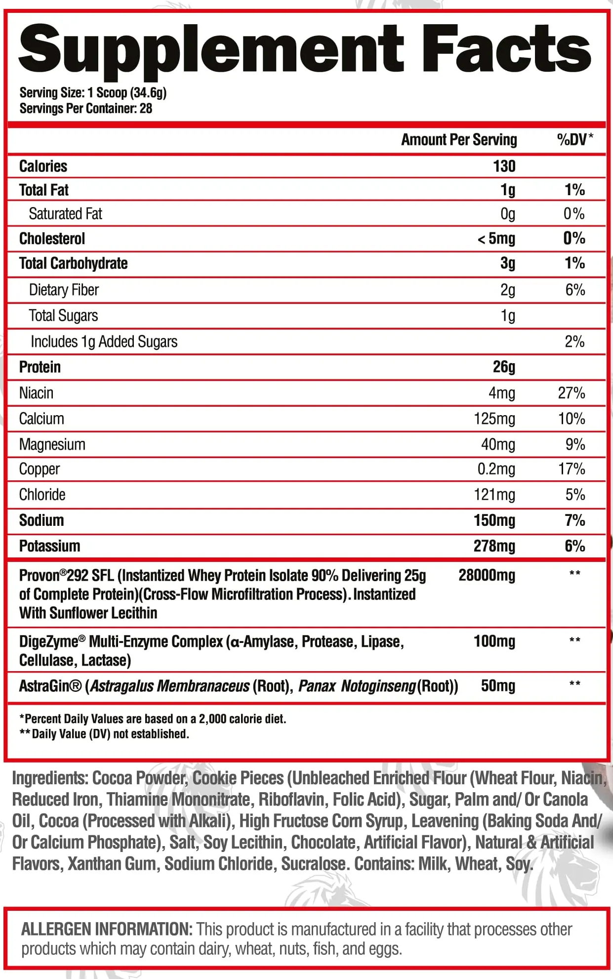 Supplement Facts label showing amount per serving of various nutrients including total fat, cholesterol, carbohydrates, protein, and vitamins. Also lists ingredients.