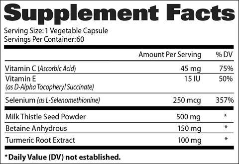 Supplement facts label showing servings & ingredients including Vitamin C, Vitamin E, Selenium, Milk Thistle, Betaine & Turmeric Root.