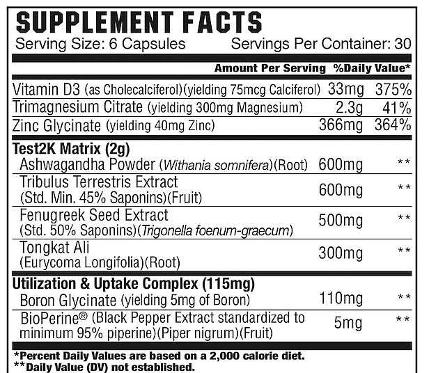 Supplement facts for 6-capsule serving: contains Vitamin D3, Trimagnesium Citrate, Zinc Glycinate, various plant extracts, and BioPerine. Based on 2,000 calorie diet.