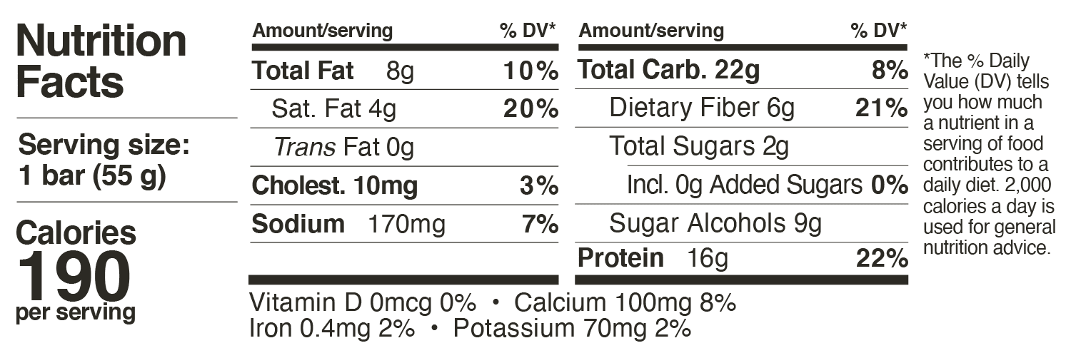 Nutrition facts for a 55g bar: 190 calories, 8g total fat, 10mg cholesterol, 170mg sodium, 22g carbs, 6g dietary fiber, 2g sugars, and 16g protein.