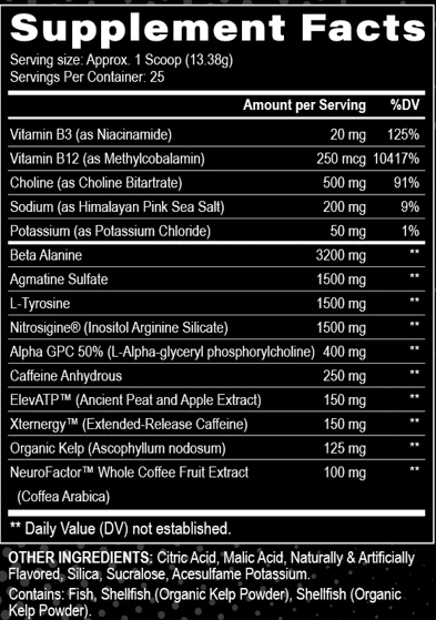 Supplement facts for a serving size of 13.38g. Contains a variety of vitamins, minerals, organic kelp and caffeine. Allergens: Fish, shellfish.