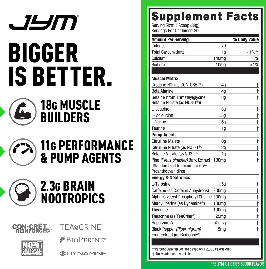 A label of JYM muscle building supplement, provides nutritional facts, ingredient lists with energy & nootropics, tiger's blood flavor, 20 servings.