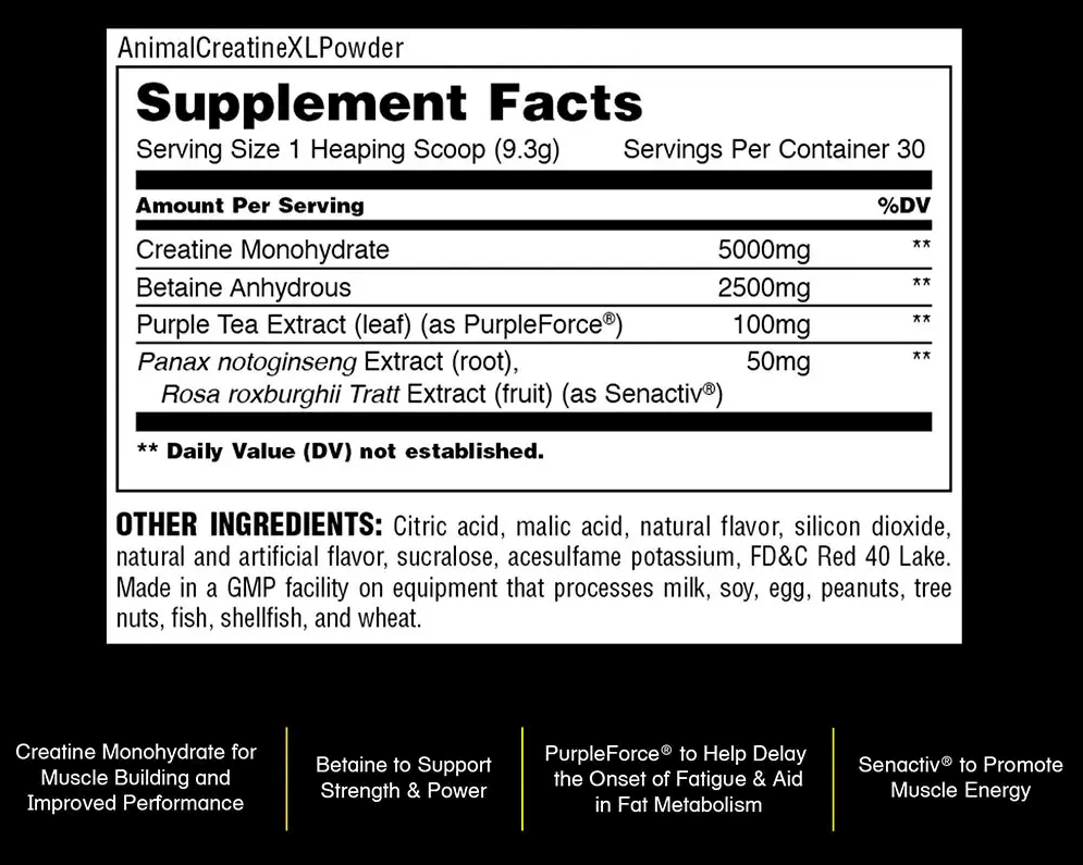 CreatineXLPowder supplement facts, including daily values, ingredients, and benefits such as muscle building and energy promotion.