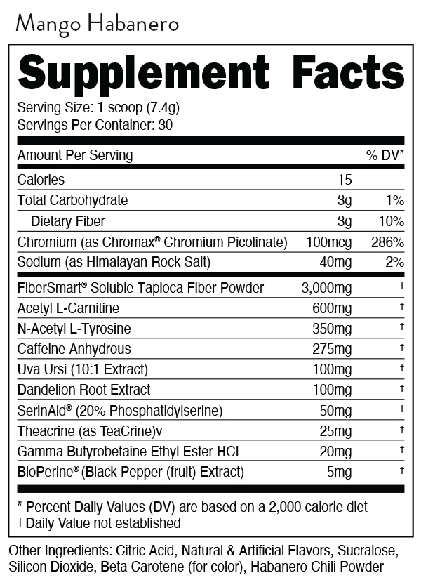 Mango Habanero supplement facts: 1 scoop provides 15 calories, 3g carbs, 100mcg chromium, 40mg sodium, and various ingredients.