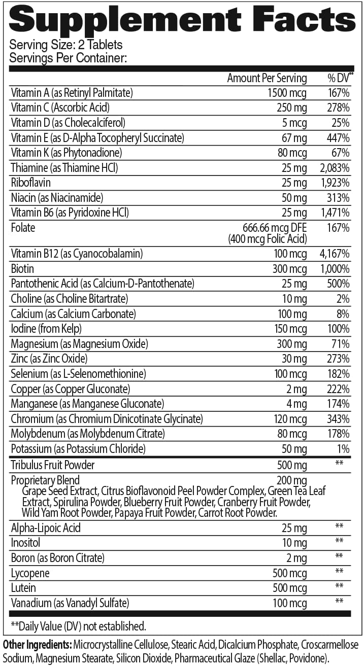 Supplement facts for vitamin tablets indicating serving size, per serving measurements, daily value percentage, and other ingredients.