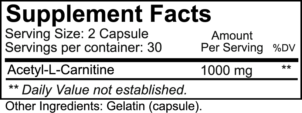 Supplement facts label for a 30-serving Acetyl-L-Carnitine product, each serving size includes 2 capsules of 1000 mg each.
