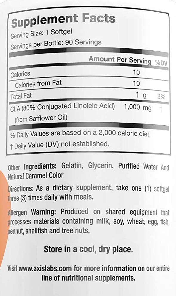 CLA supplement facts: 1 softgel equals 1 serving, 90 servings per bottle, 10 calories, contains safflower oil, allergy warning.