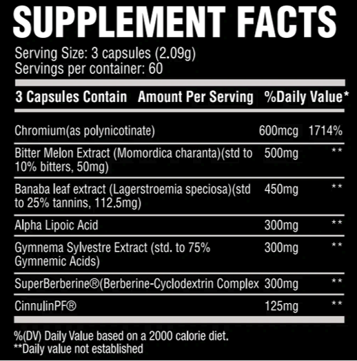 Dietary supplement facts label showing serving size, ingredients and daily value percentages based on a 2000 calorie diet.