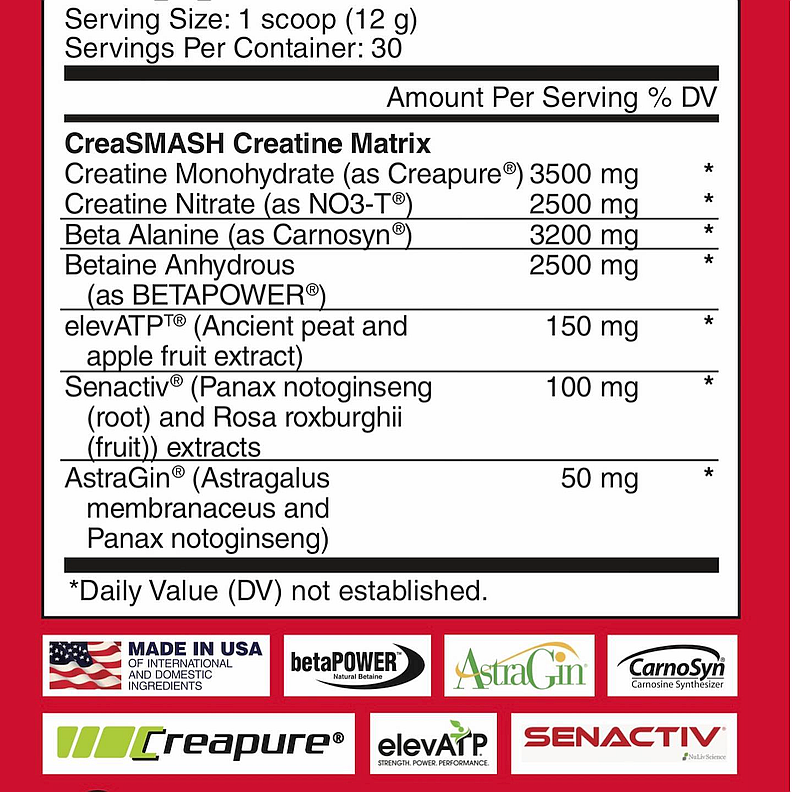 Nutritional label showing serving size, ingredients, and percentages for CreaSMASH Creatine Matrix including Creatine, Beta Alanine, Betaine, and AstraGin.