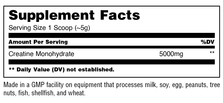 Supplement facts for 1 scoop (~5g) serving of Creatine Monohydrate 5000mg with allergen information.