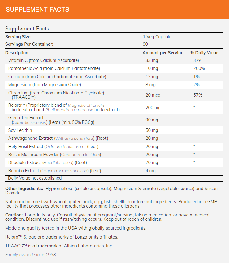 Supplement facts detailing serving size, ingredients and daily values. Also mentions allergens and safety precautions.