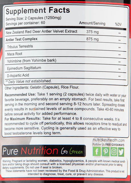 Supplement facts for a serving of New Zealand Red Deer Antler Velvet Extract including Tribulus Terrestris and Maca root. Recommends two daily doses.