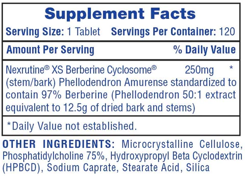 Supplement label indicating 250mg Nexrutine® XS Berberine Cyclosome® per tablet, with other ingredients listed at the bottom.
