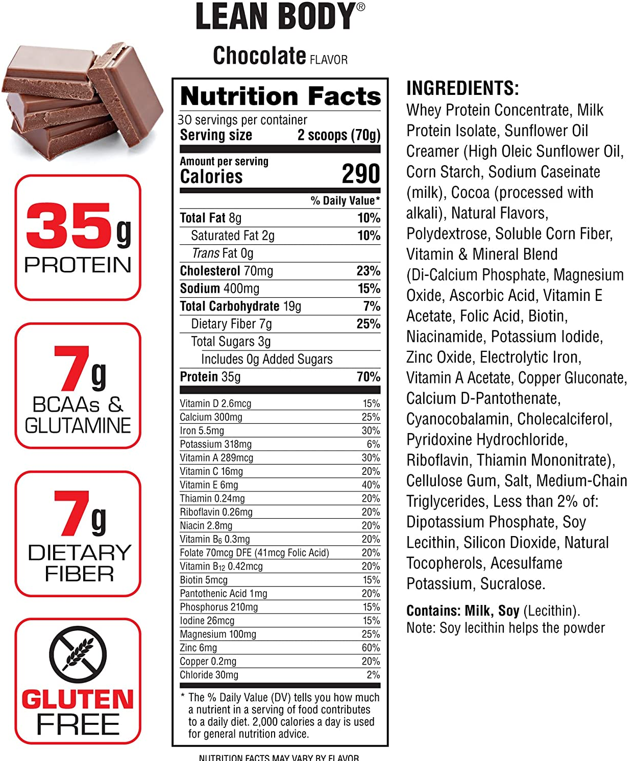 Lean Body healthy chocolate-flavored drink, with 35g protein, 7g fiber, and various vitamins and minerals, 30 servings per container.