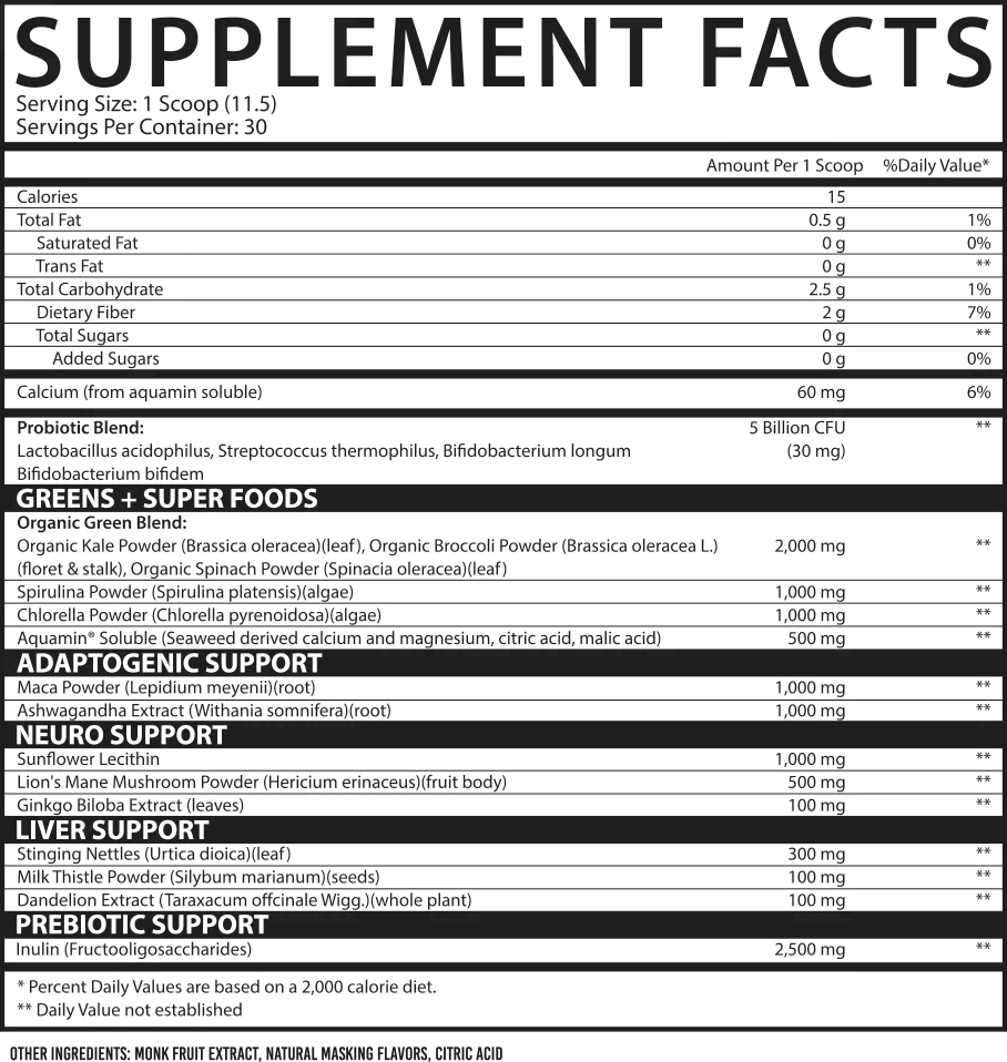 Supplement facts label showing serving size, ingredients like probiotics, greens, super foods, adaptogenic, neuro, liver, prebiotic support; also contains monk fruit extract.