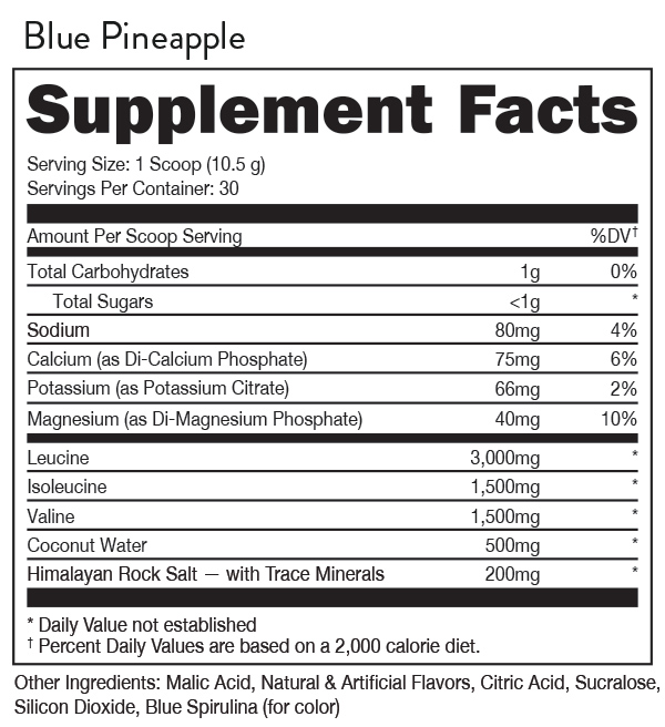 Blue Pineapple supplement facts, showing servings, nutrient values, and other ingredients including Malic Acid, Citric Acid, and Blue Spirulina.