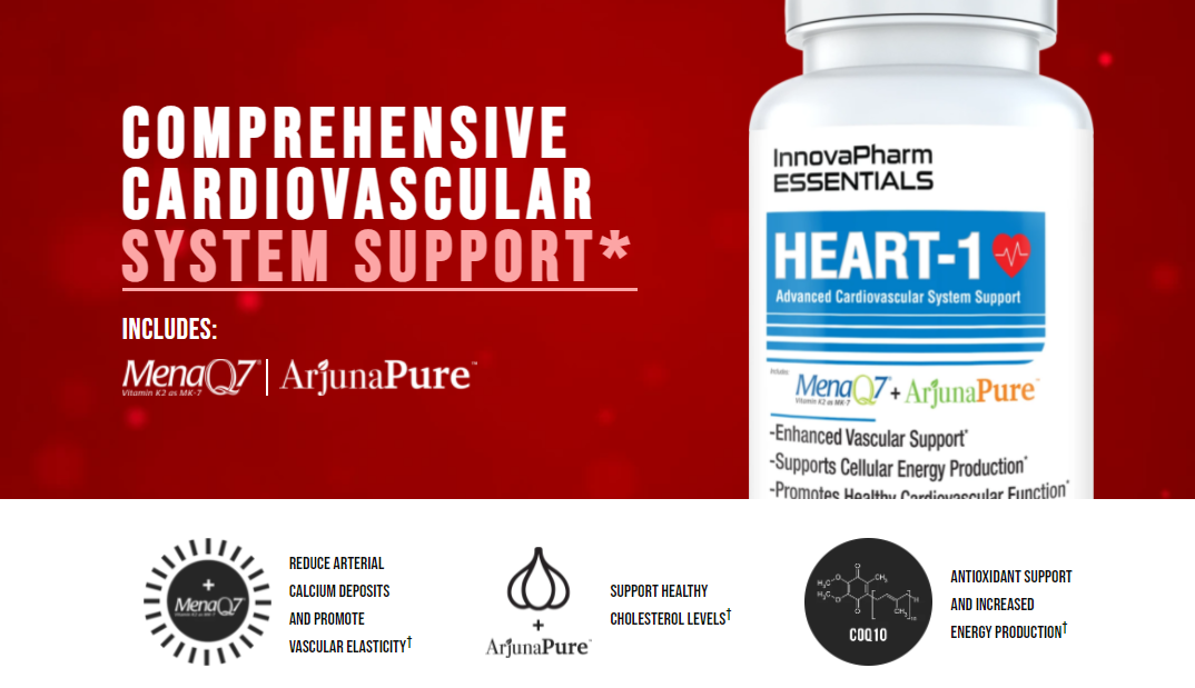 Comprehensive cardiovascular support system with MenaQ7, ArjunaPure, and COQ10 for healthy cholesterol levels, vascular support, and increased energy production.
