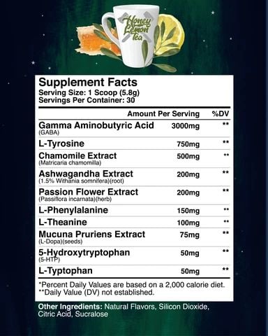 Supplement facts for Honey BEMON Tea, listing all included ingredients and their servings per scoop. The serving size is 1 scoop (5.8g).