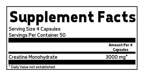 Supplement facts label showing serving size of 4 capsules with 50 servings per container and 3000 mg creatine monohydrate.