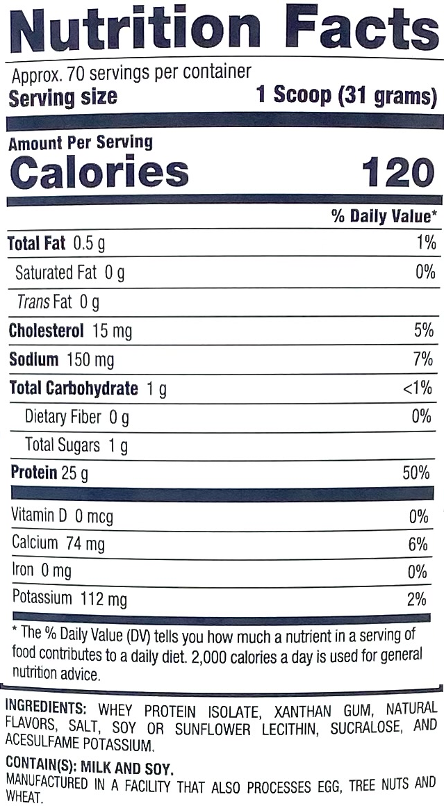 Nutrition facts for a product with 70 servings per container. Main ingredients include Whey Protein Isolate, Xanthan Gum, and Flavorings.