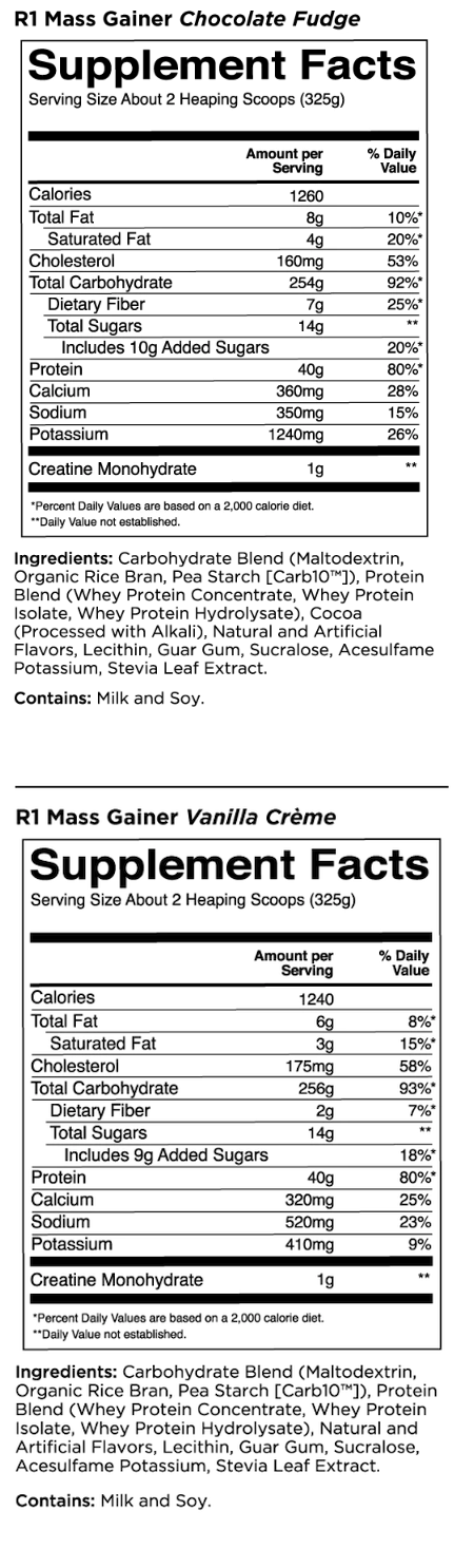 Supplement facts for R1 Mass Gainer in Chocolate Fudge and Vanilla Crème flavours, showing serving size, calories, and nutrient breakdown. Contains milk and soy.