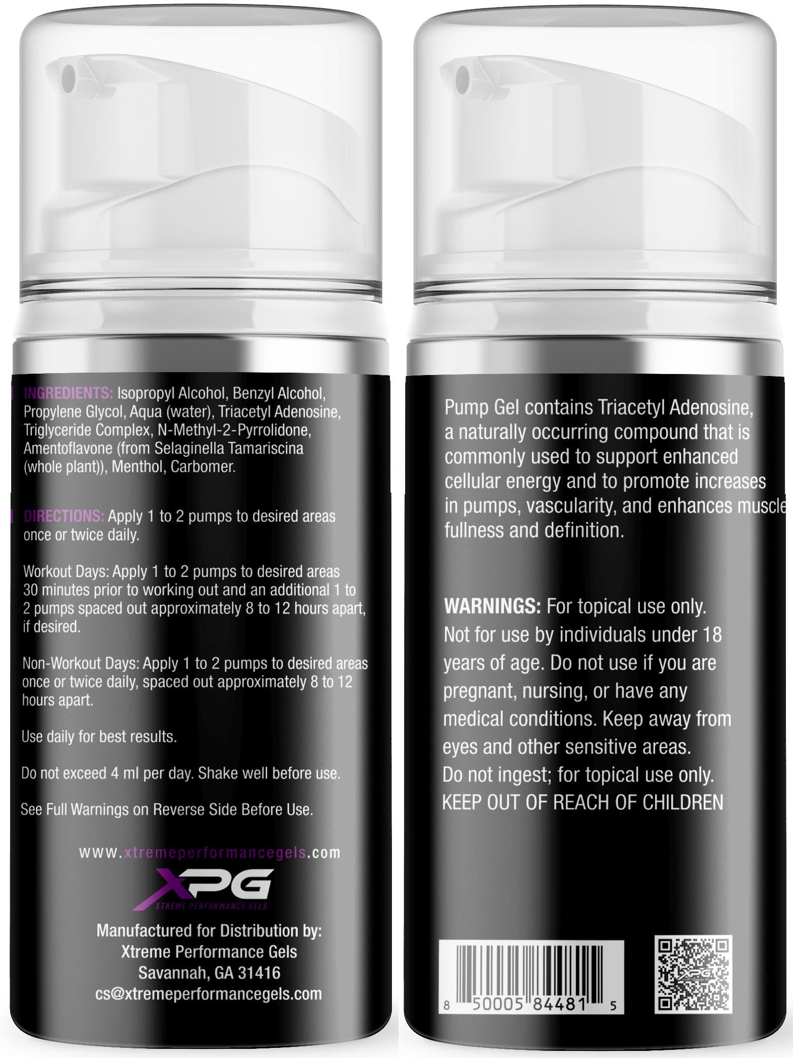 Pump Gel's ingredients list with instructions on usage for workout and non-workout days. Product enhances cellular energy and muscle fullness.